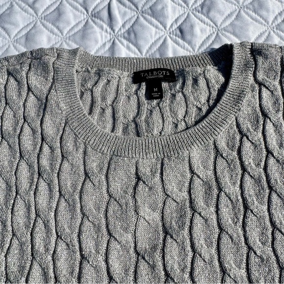 Talbots Gray Silver Metallic Sparkle Cable Knit Crewneck Pullover Sweater Size M - Picture 2 of 12